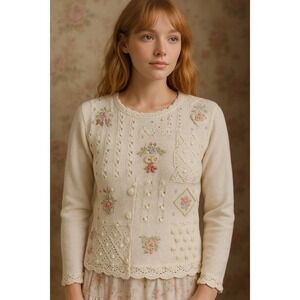 Vintage Cream Embroidered Floral‎ Knit Sweater Cottagecore Romantic Soft Girl S